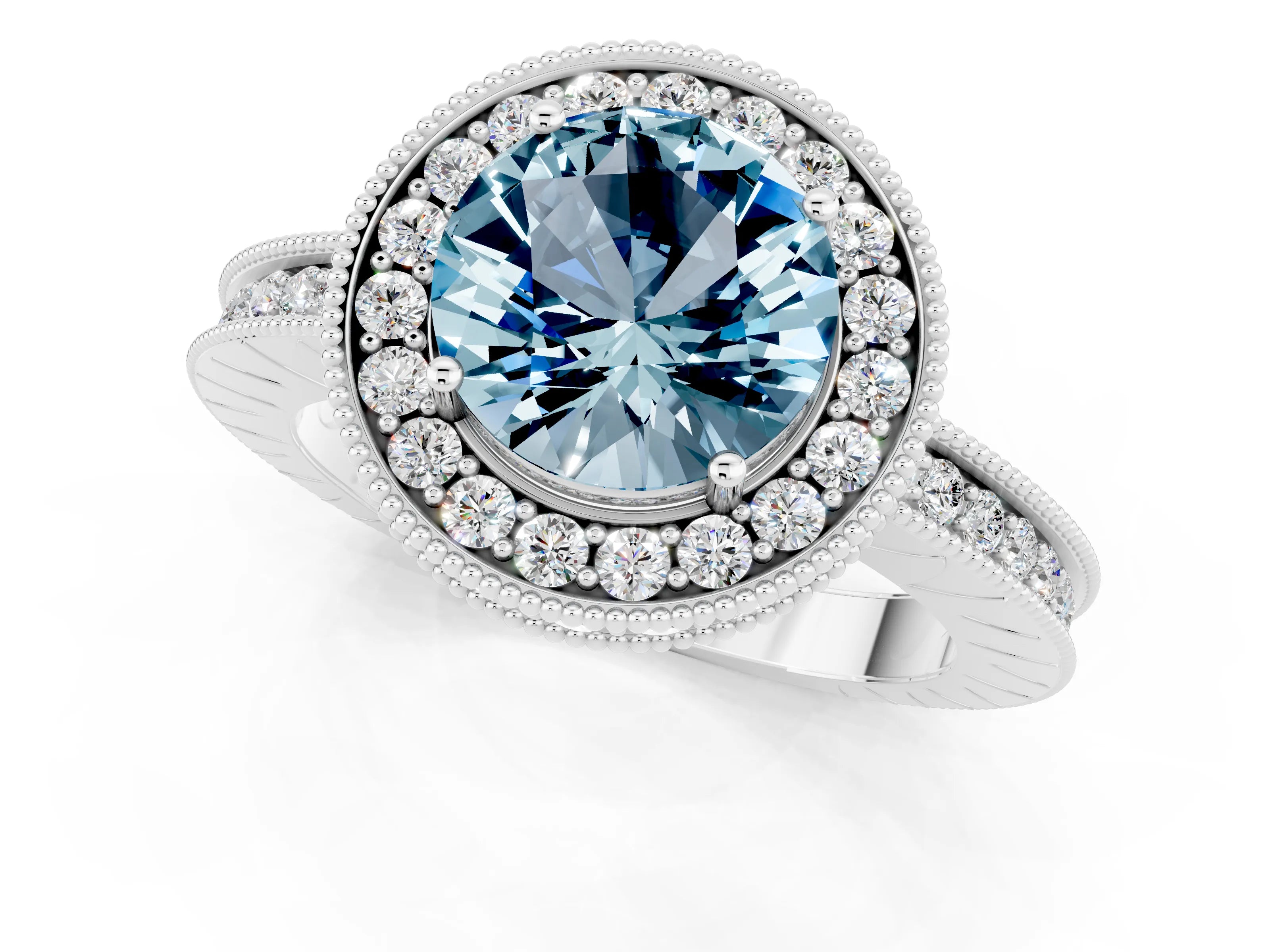 White gold Round Cut Halo Diamond Engagement Ring with Milgrain Pave Band and Four-Prong Setting_24