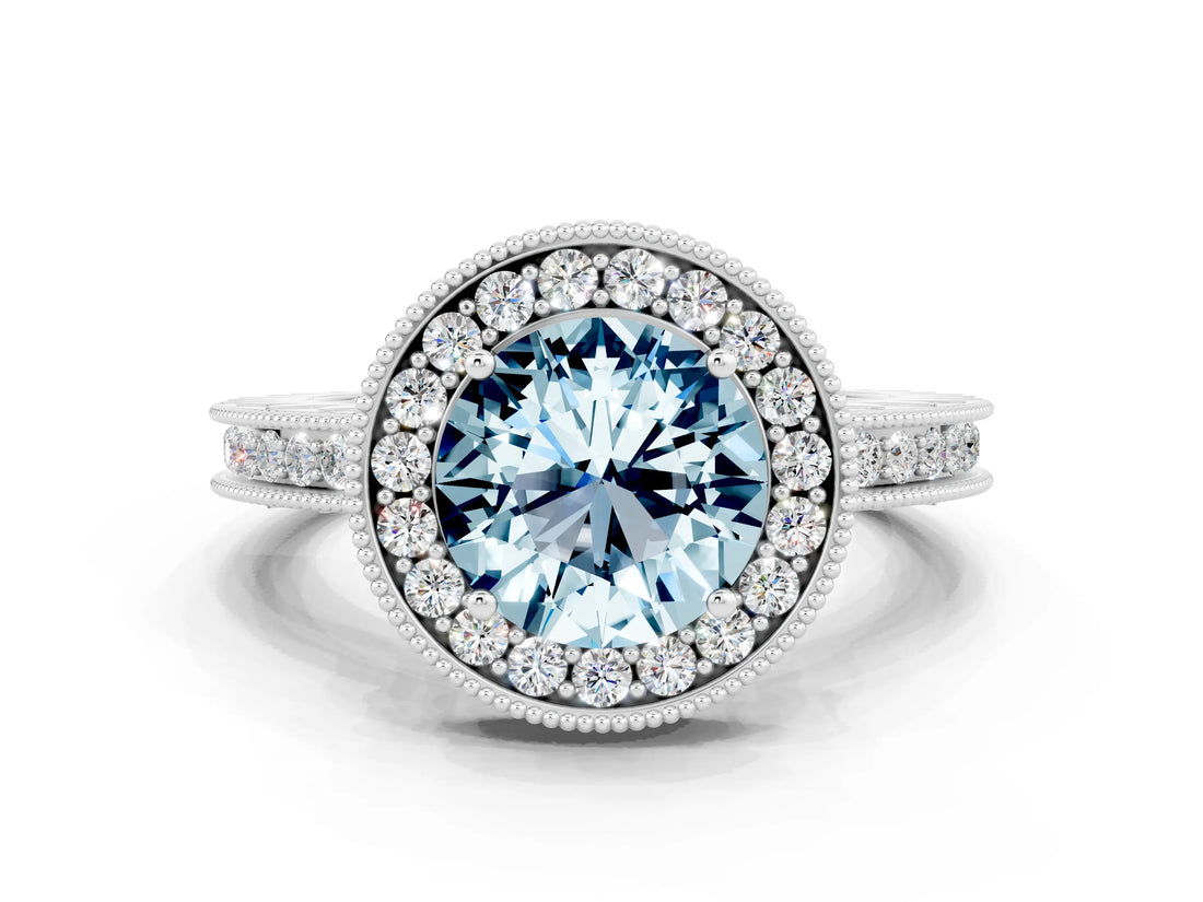 White gold Round Cut Halo Diamond Engagement Ring with Milgrain Pave Band and Four-Prong Setting_24