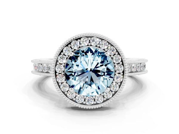 Silver Round Cut Halo Diamond Engagement Ring with Milgrain Pave Band and Four-Prong Setting