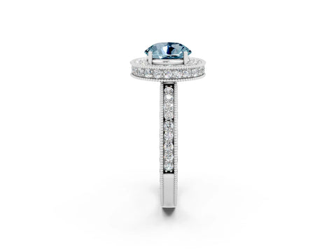 White gold Round Cut Halo Diamond Engagement Ring with Milgrain Pave Band and Four-Prong Setting_25