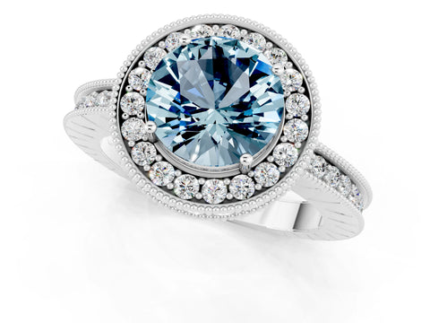White gold Round Cut Halo Diamond Engagement Ring with Milgrain Pave Band and Four-Prong Setting_25