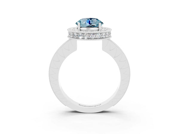 Platinum Round Cut Halo Diamond Engagement Ring with Milgrain Pave Band and Four-Prong Setting