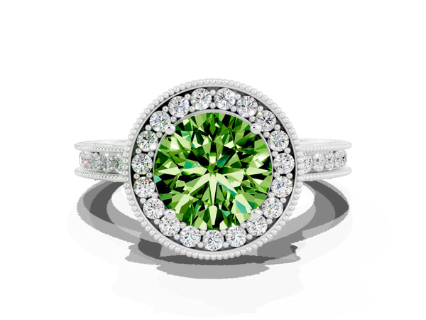 Platinum Round Cut Halo Diamond Engagement Ring with Milgrain Pave Band and Four-Prong Setting