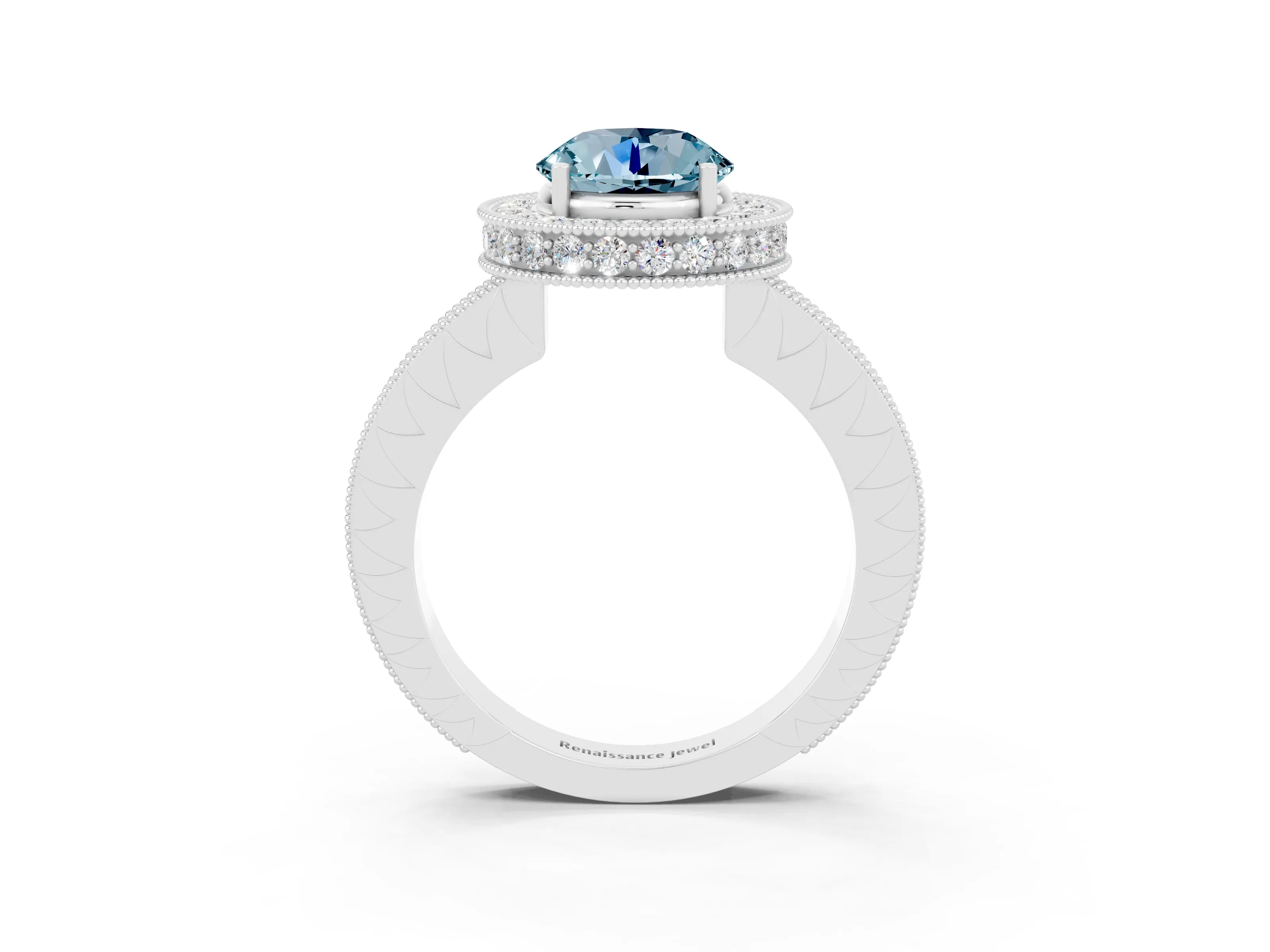 White gold Round Cut Halo Diamond Engagement Ring with Milgrain Pave Band and Four-Prong Setting_27
