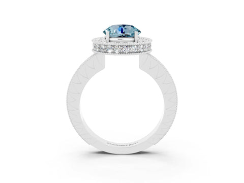 White gold Round Cut Halo Diamond Engagement Ring with Milgrain Pave Band and Four-Prong Setting_27