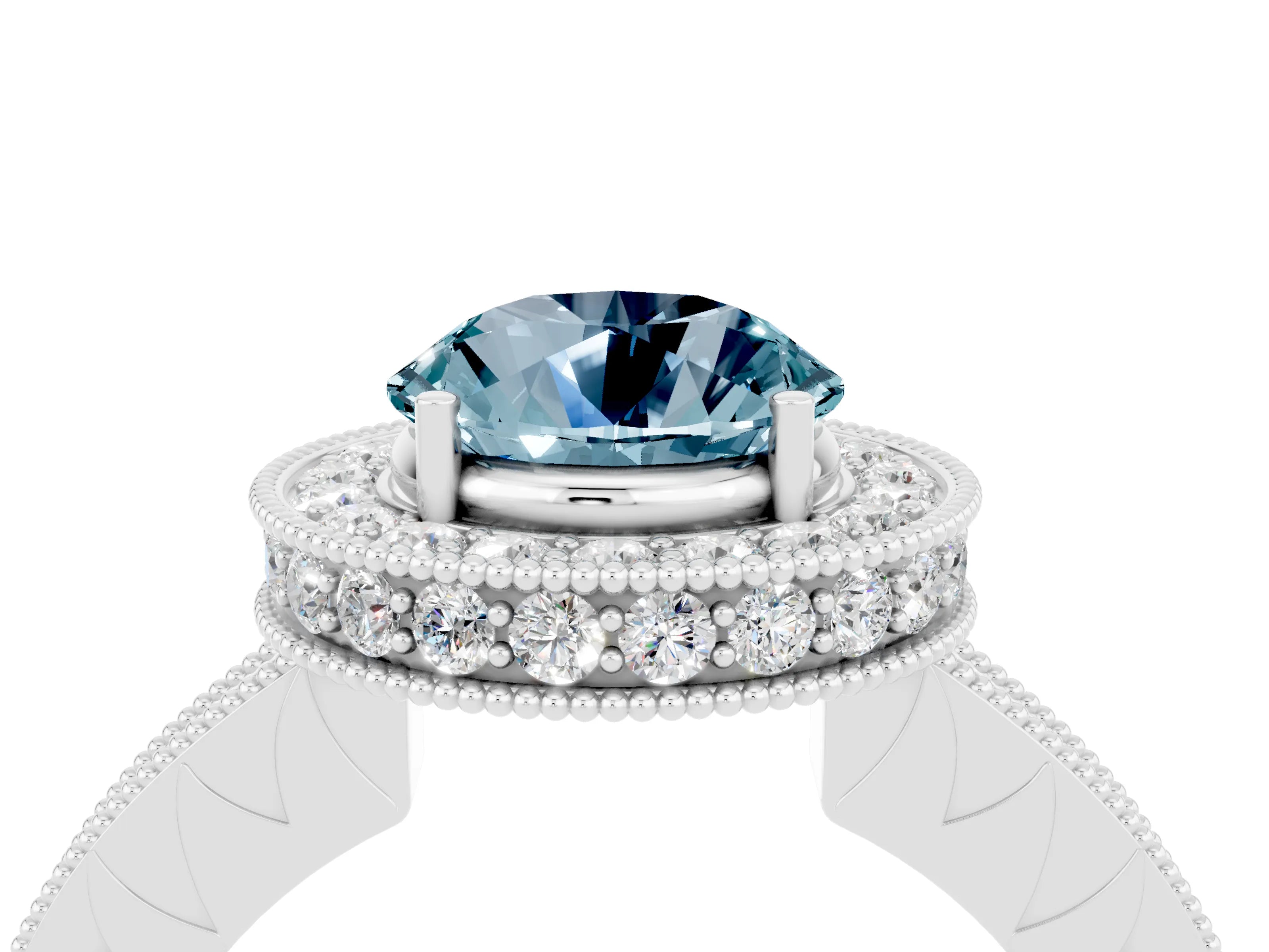 White gold Round Cut Halo Diamond Engagement Ring with Milgrain Pave Band and Four-Prong Setting_28