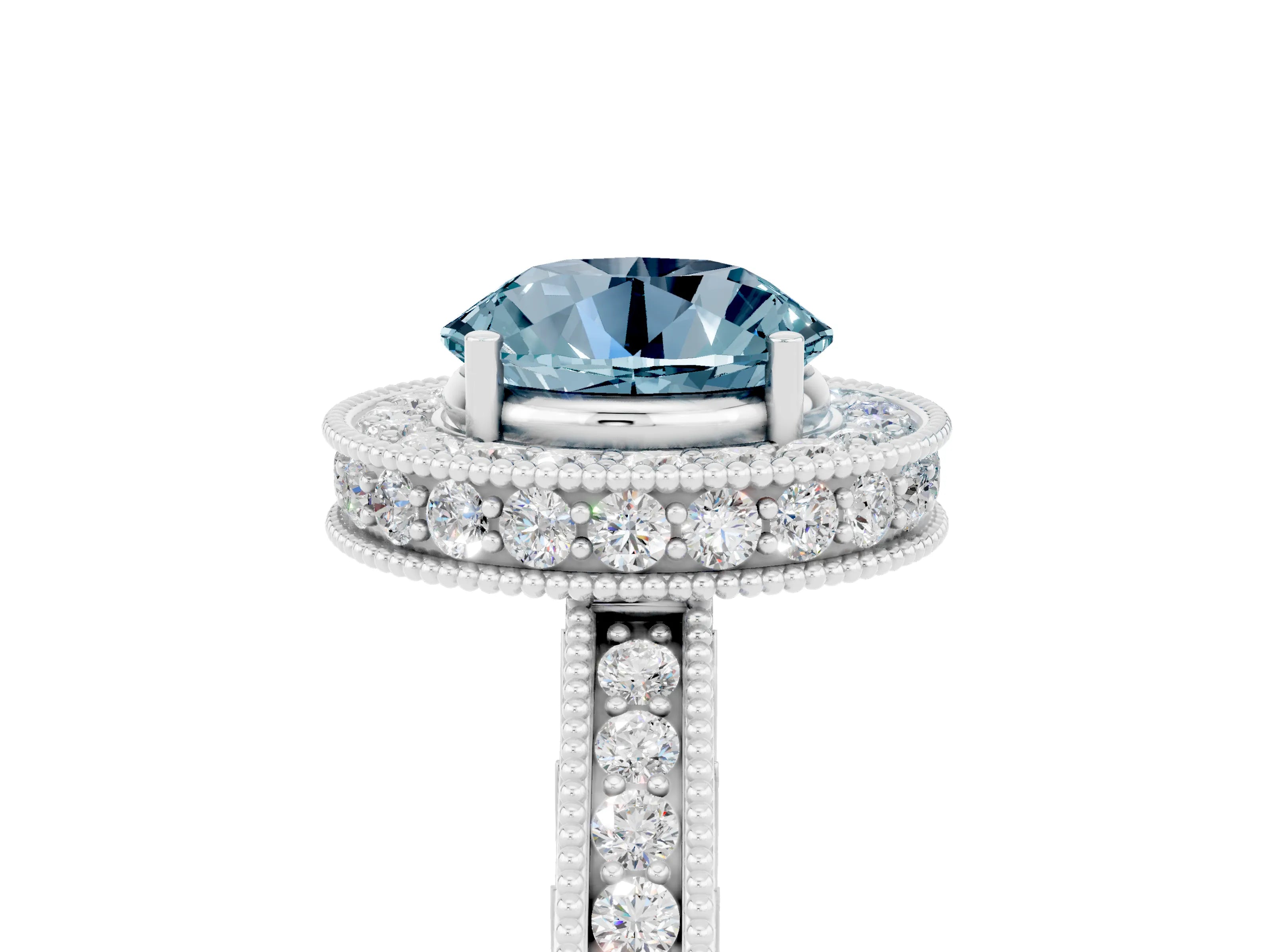 White gold Round Cut Halo Diamond Engagement Ring with Milgrain Pave Band and Four-Prong Setting_28