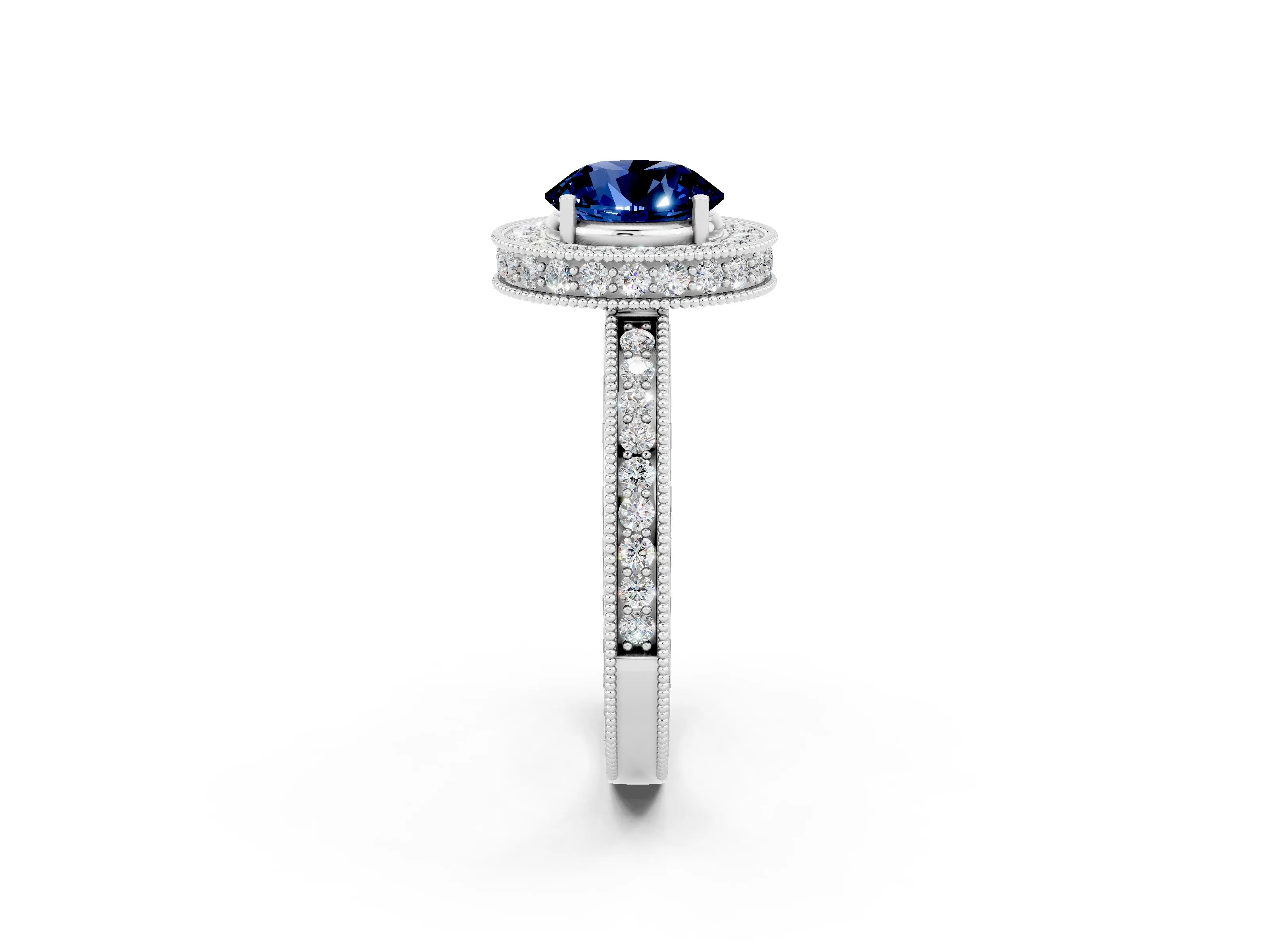 White gold Round Cut Halo Diamond Engagement Ring with Milgrain Pave Band and Four-Prong Setting_2