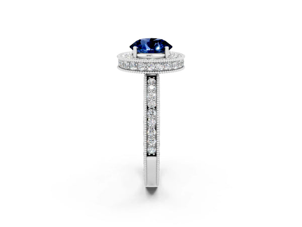 White gold Round Cut Halo Diamond Engagement Ring with Milgrain Pave Band and Four-Prong Setting
