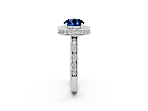 White gold Round Cut Halo Diamond Engagement Ring with Milgrain Pave Band and Four-Prong Setting_2