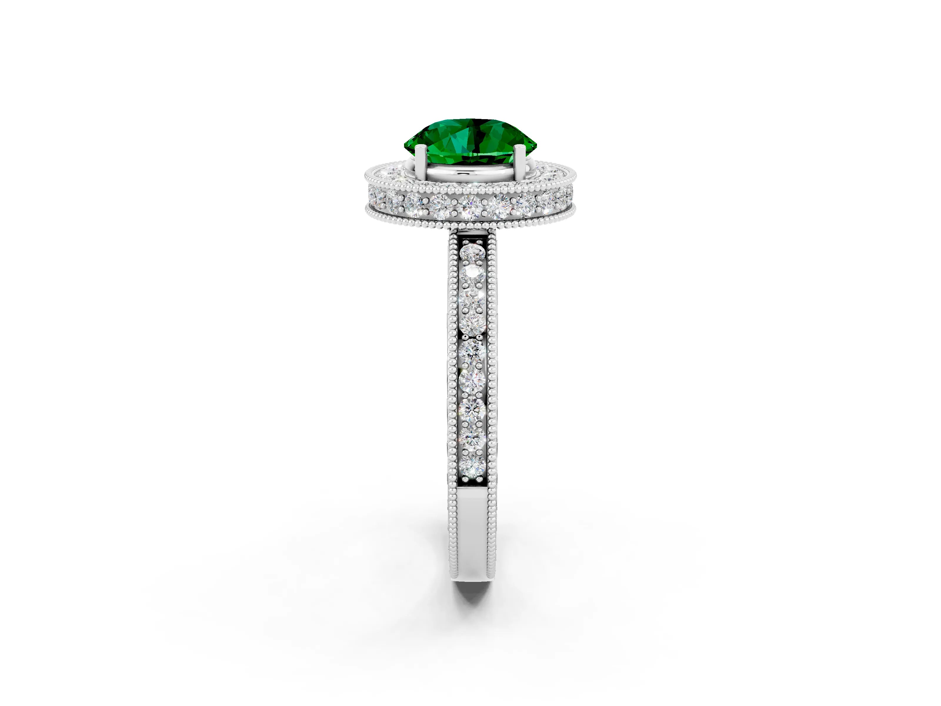 White gold Round Cut Halo Diamond Engagement Ring with Milgrain Pave Band and Four-Prong Setting_2