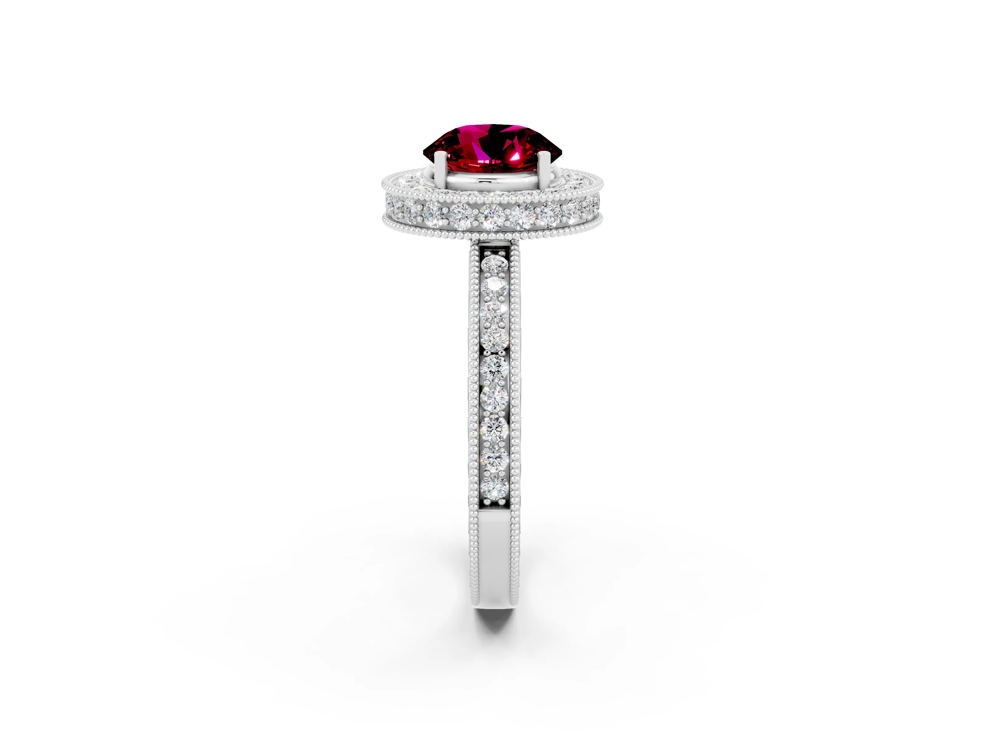 White gold Round Cut Halo Diamond Engagement Ring with Milgrain Pave Band and Four-Prong Setting_2