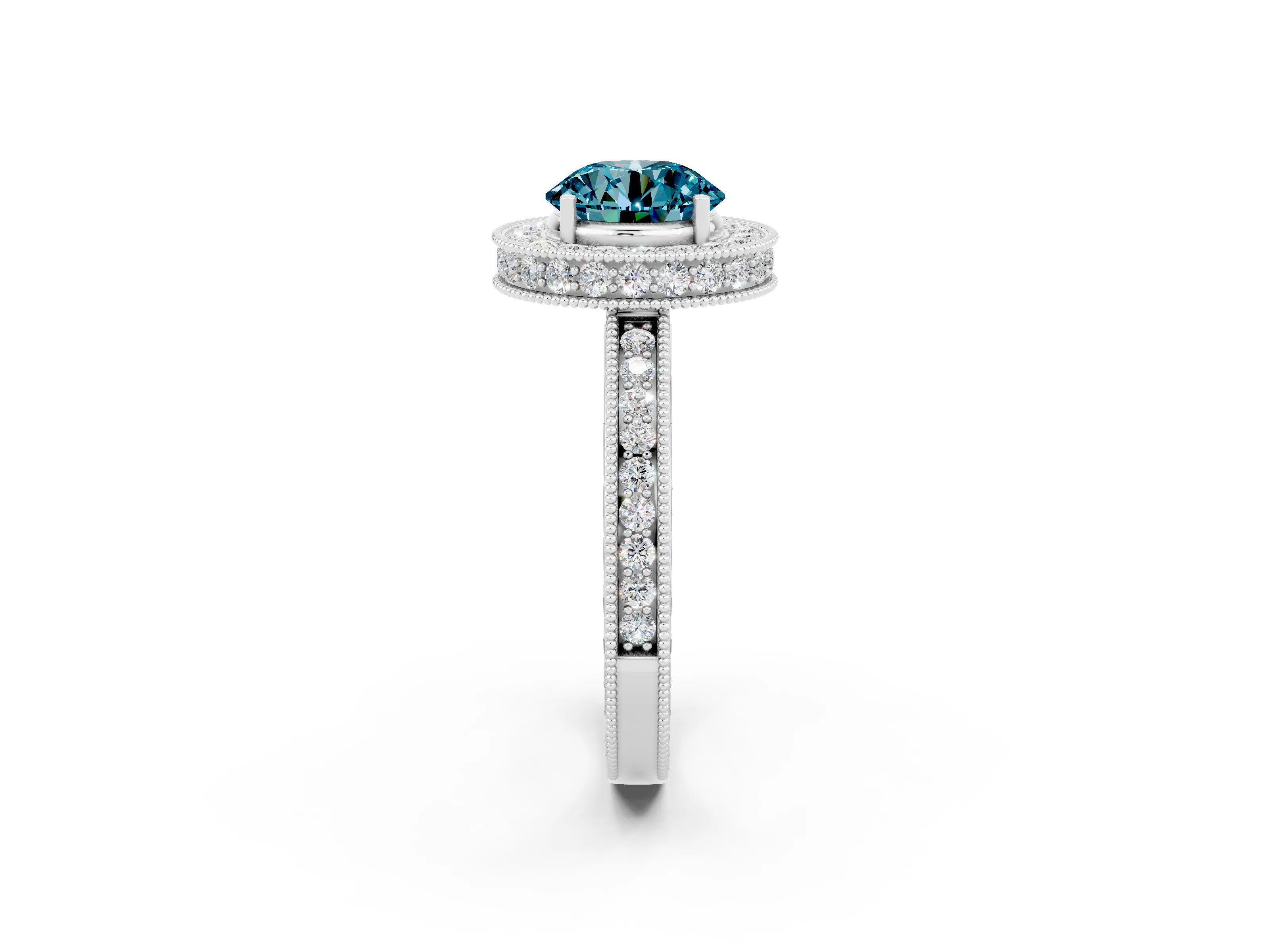 White gold Round Cut Halo Diamond Engagement Ring with Milgrain Pave Band and Four-Prong Setting_2