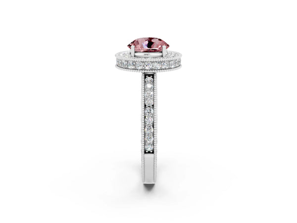 White gold Round Cut Halo Diamond Engagement Ring with Milgrain Pave Band and Four-Prong Setting
