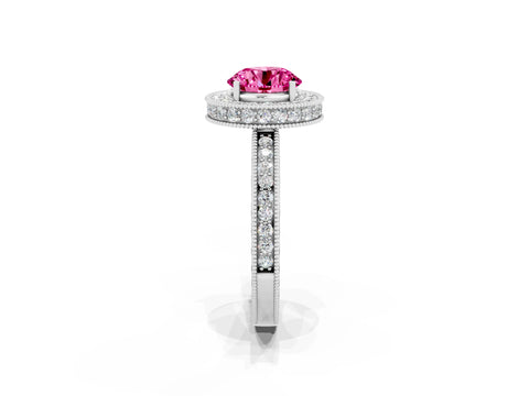 White gold Round Cut Halo Diamond Engagement Ring with Milgrain Pave Band and Four-Prong Setting_2