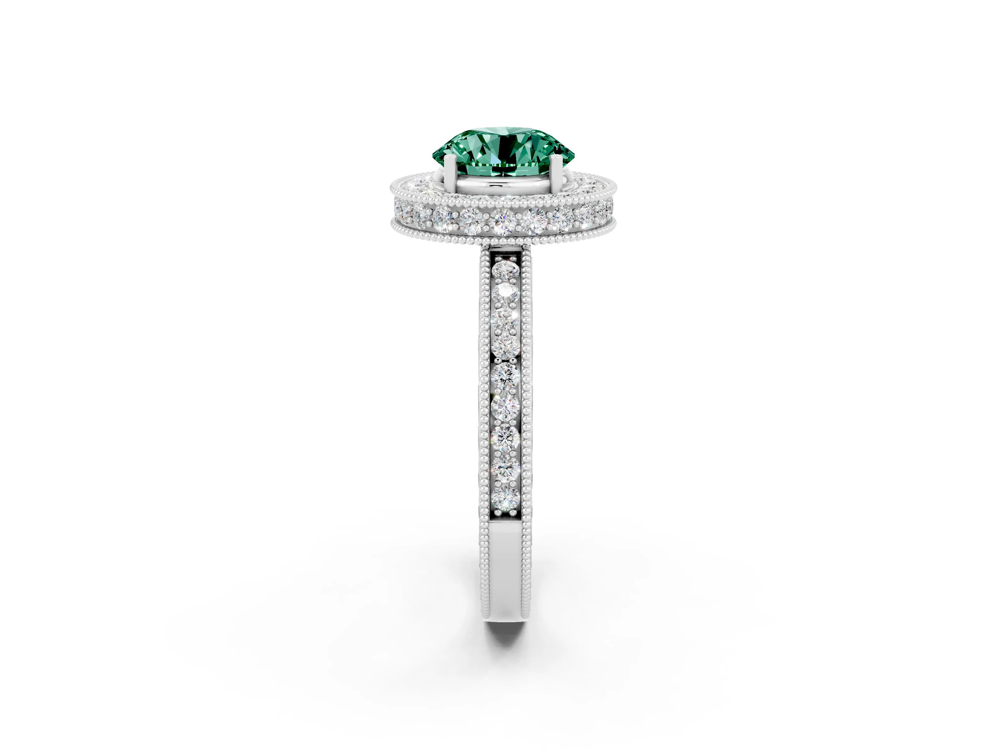 White gold Round Cut Halo Diamond Engagement Ring with Milgrain Pave Band and Four-Prong Setting_2