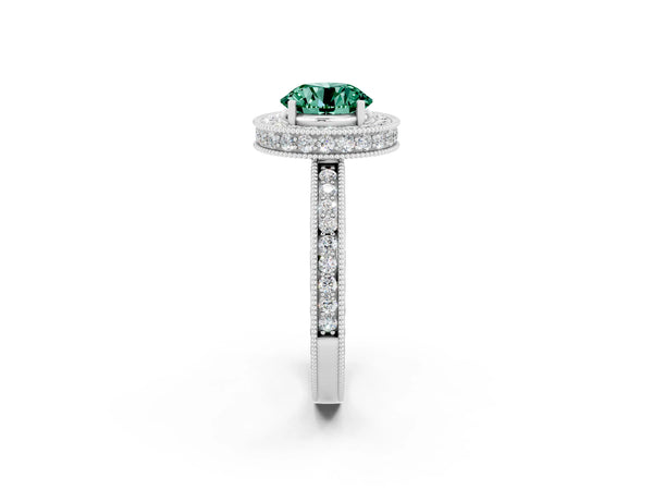 Silver Round Cut Green Sapphire Milgrain Halo Engagement Ring with Round Pavé Band and Prong Setting