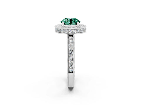White gold Round Cut Halo Diamond Engagement Ring with Milgrain Pave Band and Four-Prong Setting_2