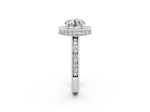 White gold Round Cut Halo Diamond Engagement Ring with Milgrain Pave Band and Four-Prong Setting_2