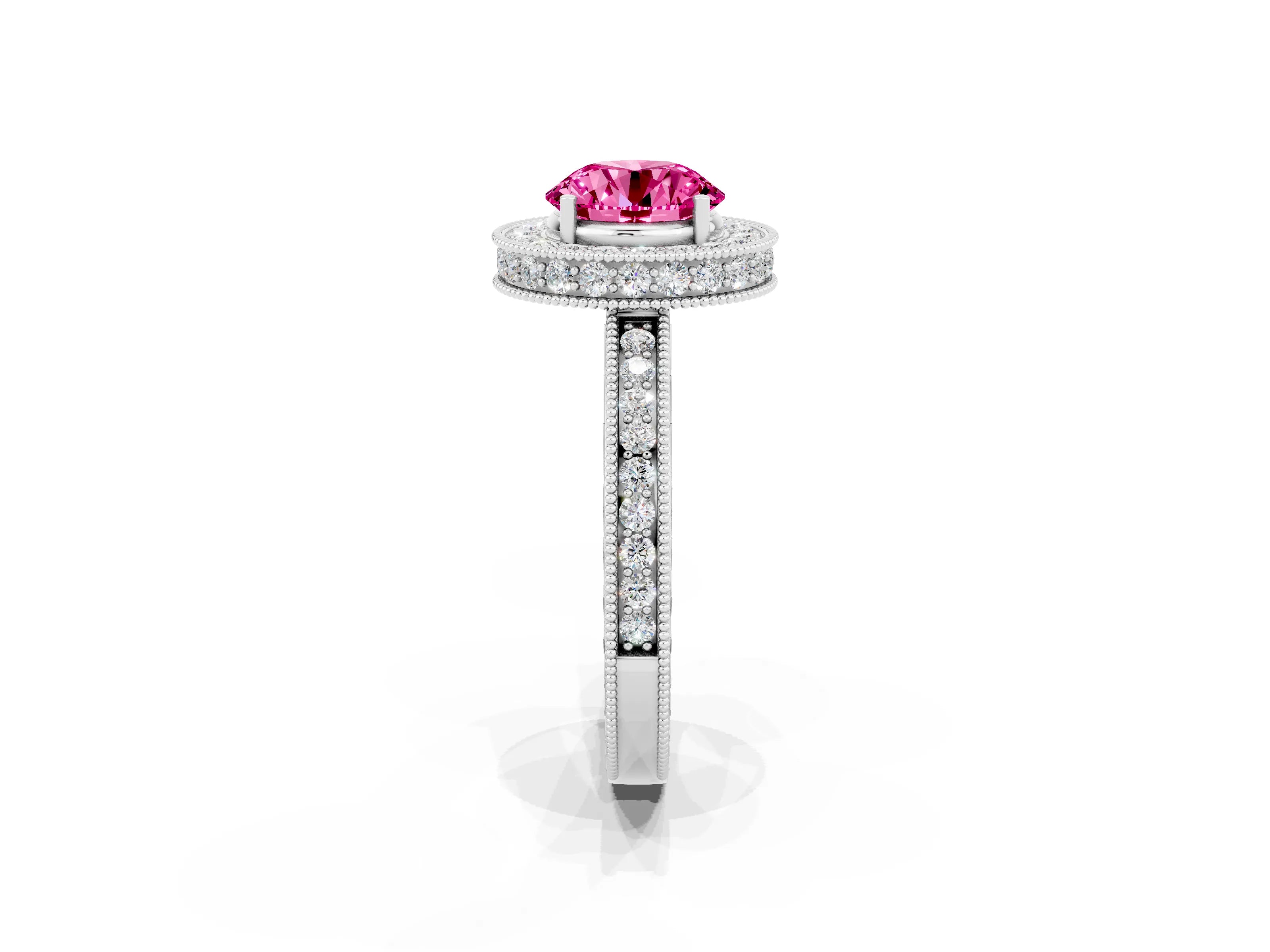 White gold Round Cut Halo Diamond Engagement Ring with Milgrain Pave Band and Four-Prong Setting_2