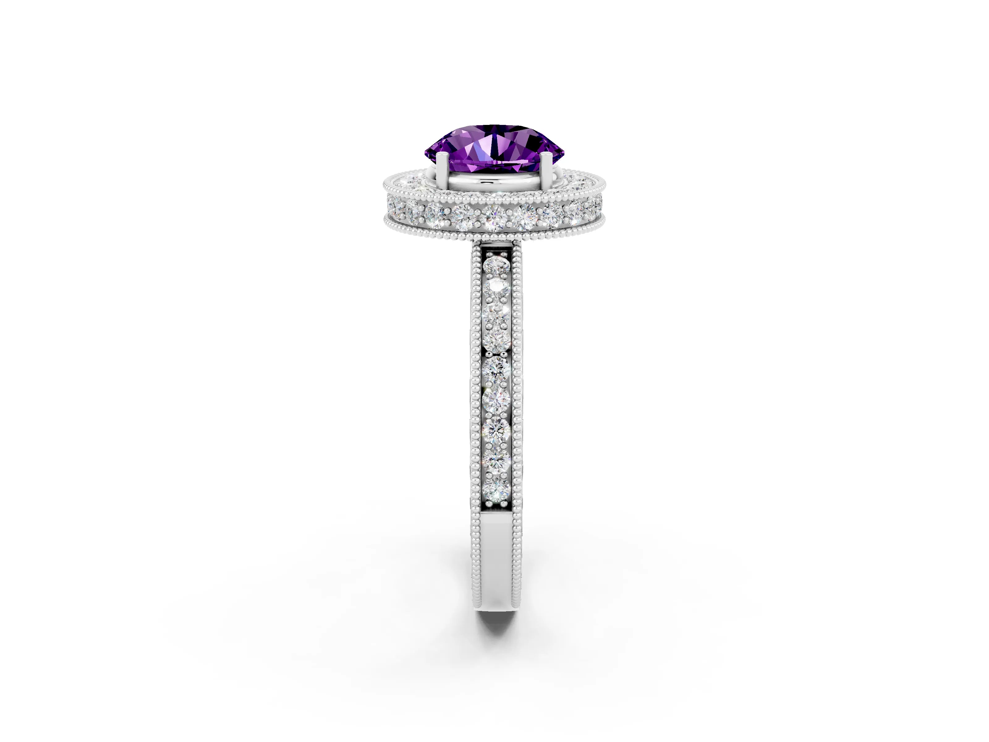 White gold Round Cut Halo Diamond Engagement Ring with Milgrain Pave Band and Four-Prong Setting_2