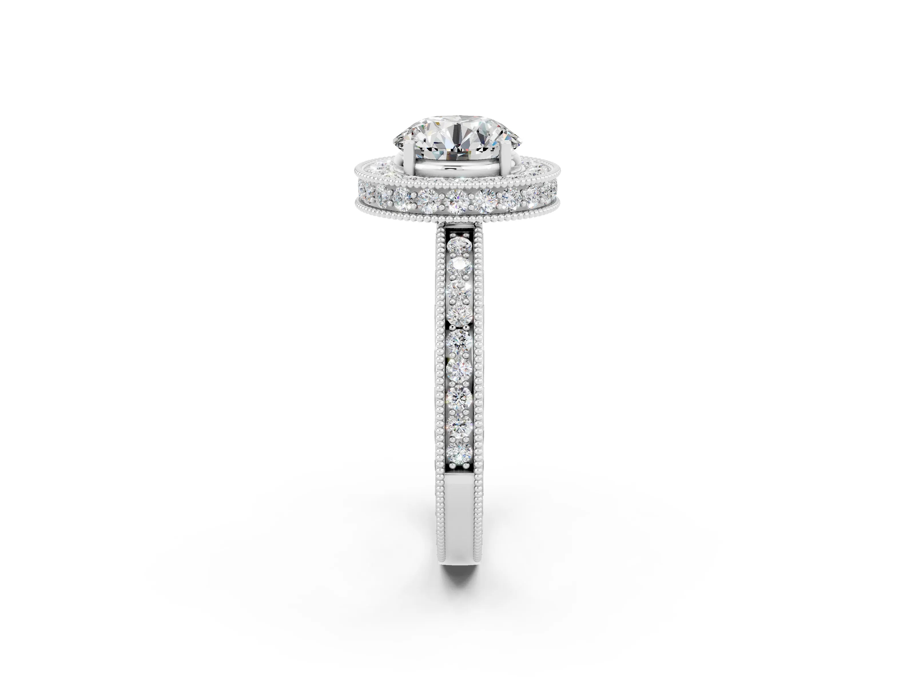 White gold Round Cut Halo Diamond Engagement Ring with Milgrain Pave Band and Four-Prong Setting_2