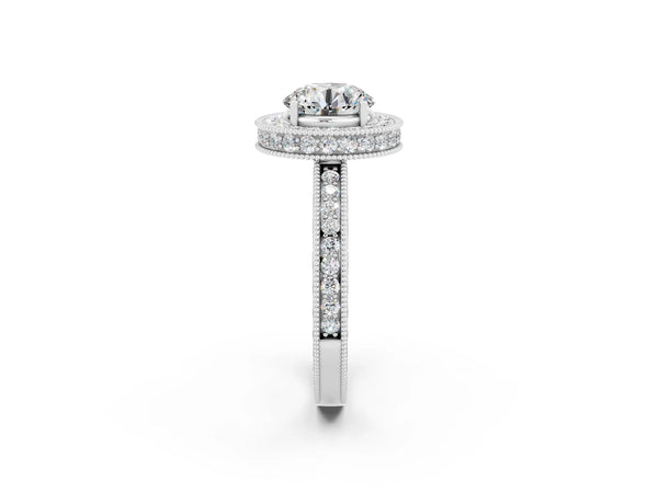 Platinum Round Cut Halo Diamond Engagement Ring with Milgrain Pave Band and Four-Prong Setting
