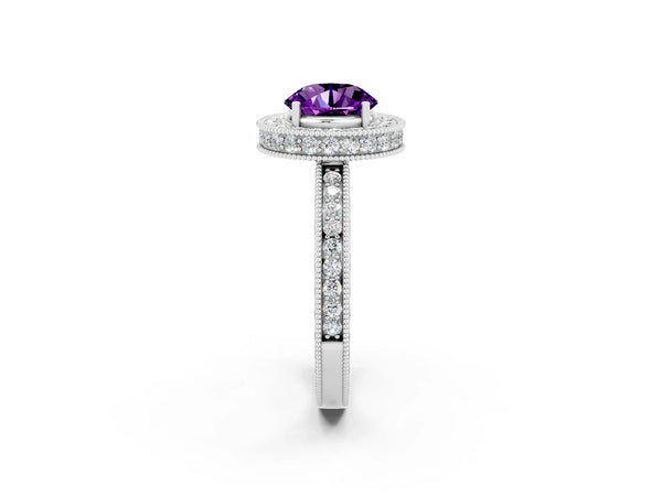 Silver Round Cut Amethyst Milgrain Halo Engagement Ring with Round Pavé Band and Prong Setting