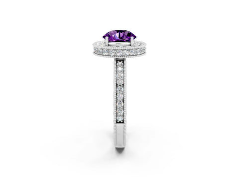 White gold Round Cut Halo Diamond Engagement Ring with Milgrain Pave Band and Four-Prong Setting_2
