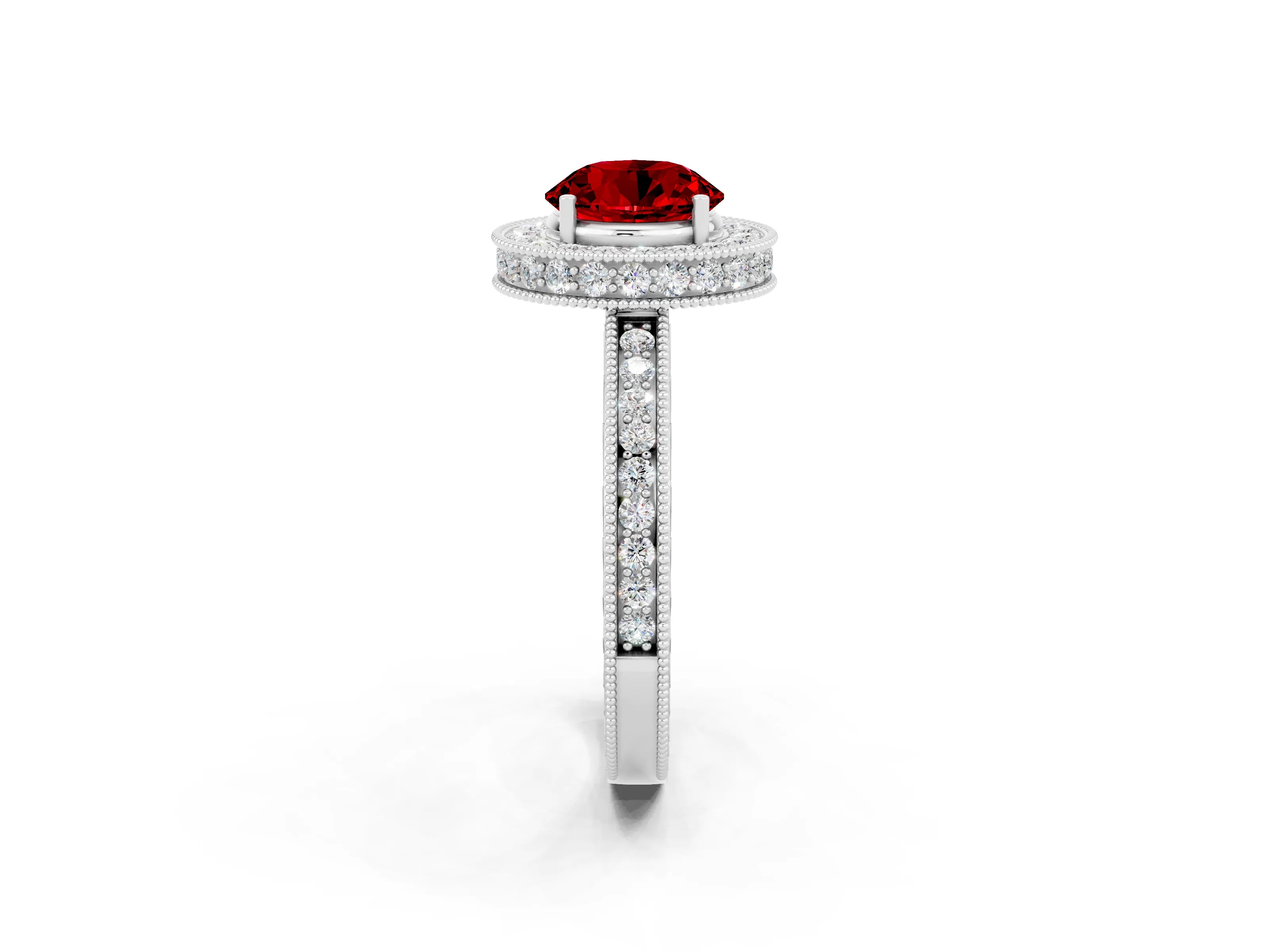 White gold Round Cut Halo Diamond Engagement Ring with Milgrain Pave Band and Four-Prong Setting_2