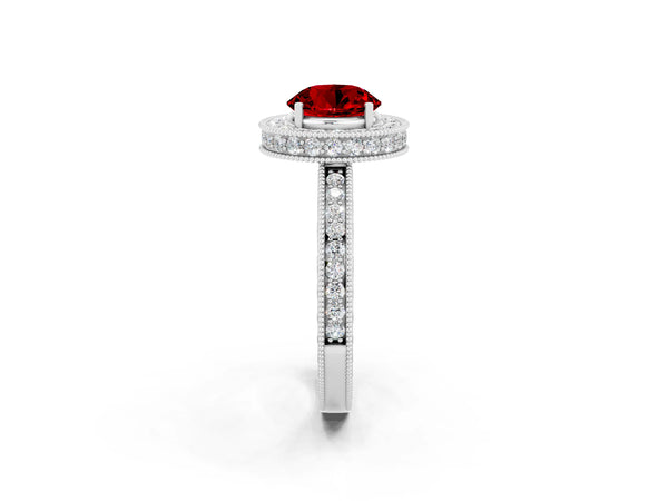 Silver Round Cut Halo Diamond Engagement Ring with Milgrain Pave Band and Four-Prong Setting