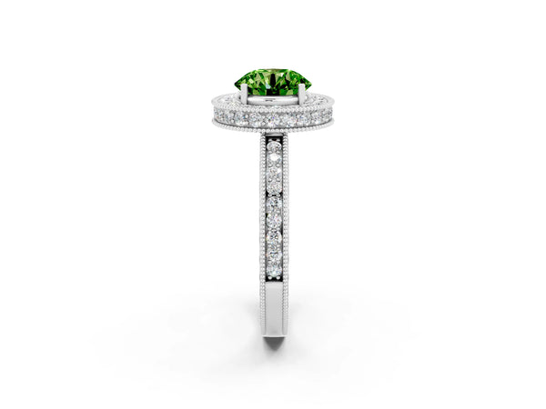White gold Round Cut Halo Diamond Engagement Ring with Milgrain Pave Band and Four-Prong Setting