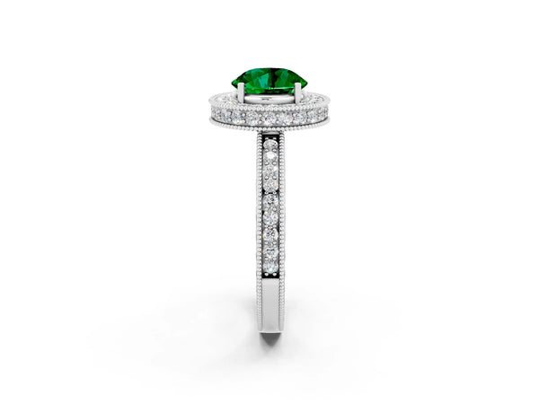 Silver Round Cut Halo Diamond Engagement Ring with Milgrain Pave Band and Four-Prong Setting