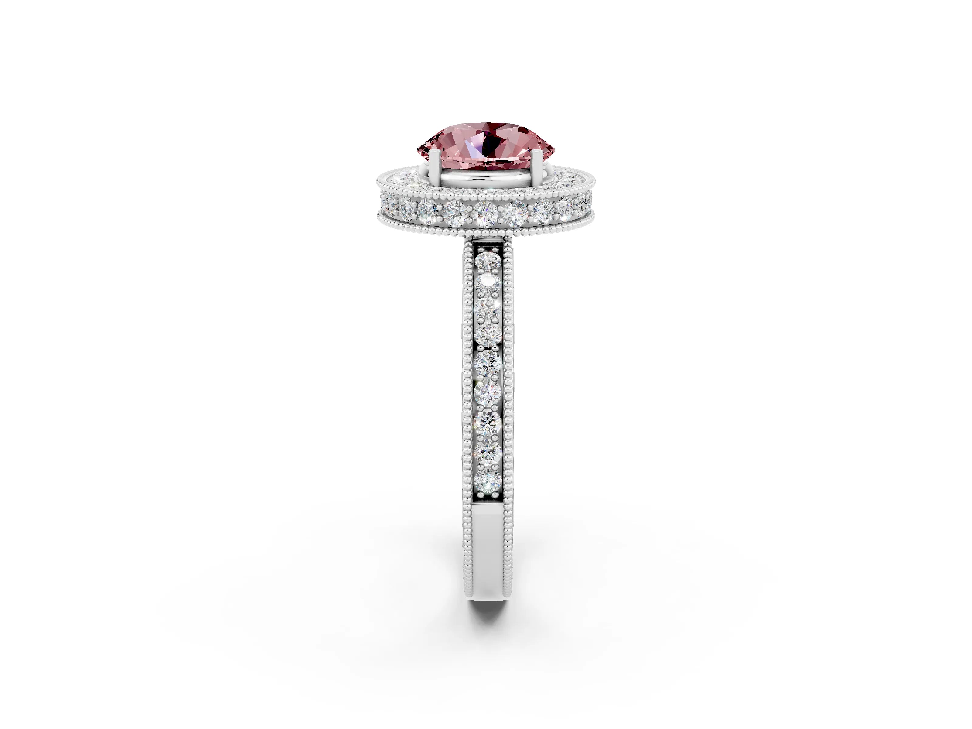 White gold Round Cut Halo Diamond Engagement Ring with Milgrain Pave Band and Four-Prong Setting_2