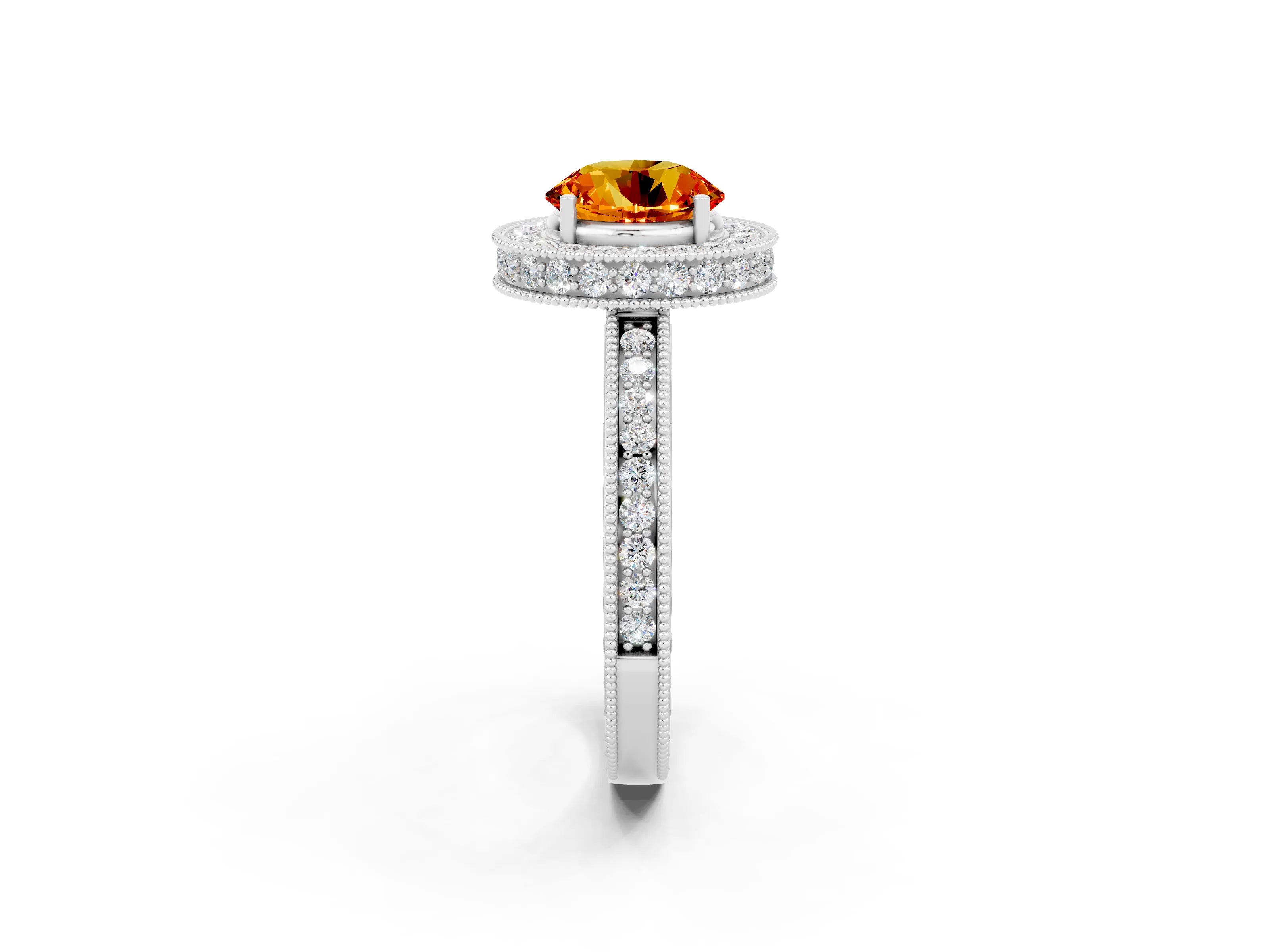 White gold Round Cut Halo Diamond Engagement Ring with Milgrain Pave Band and Four-Prong Setting_2