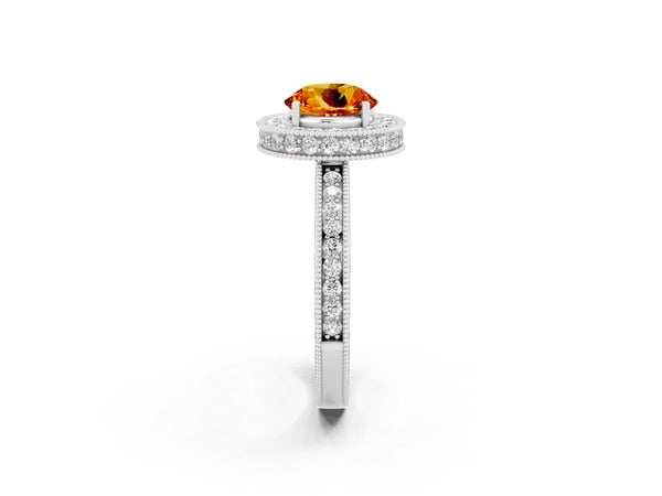 Silver Round Cut Halo Diamond Engagement Ring with Milgrain Pave Band and Four-Prong Setting