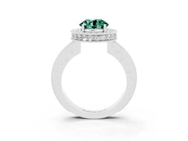 Platinum Round Cut Green Sapphire Milgrain Halo Engagement Ring with Round Pavé Band and Prong Setting