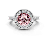 White gold Round Cut Halo Diamond Engagement Ring with Milgrain Pave Band and Four-Prong Setting