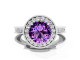 White gold Round Cut Halo Diamond Engagement Ring with Milgrain Pave Band and Four-Prong Setting