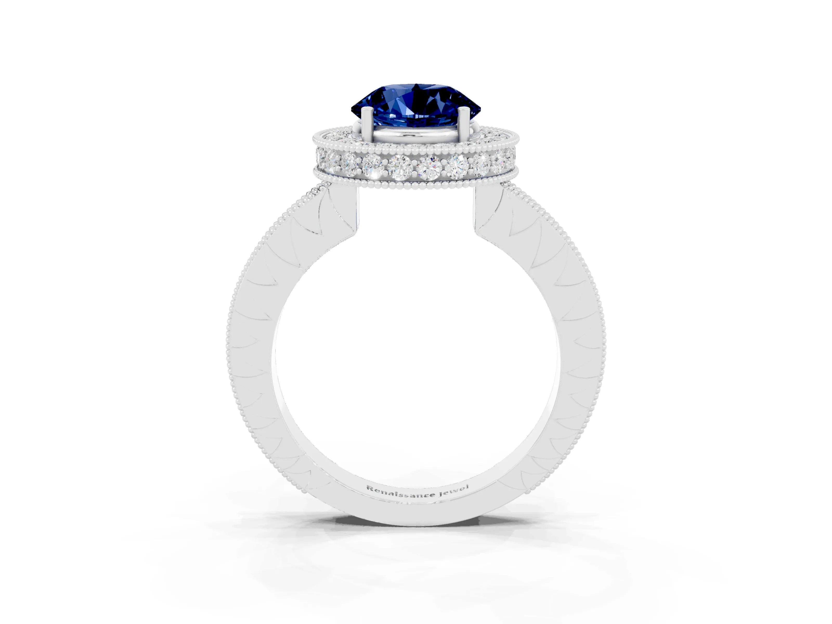 White gold Round Cut Halo Diamond Engagement Ring with Milgrain Pave Band and Four-Prong Setting_3