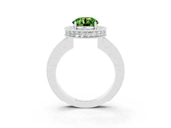 Platinum Round Cut Halo Diamond Engagement Ring with Milgrain Pave Band and Four-Prong Setting