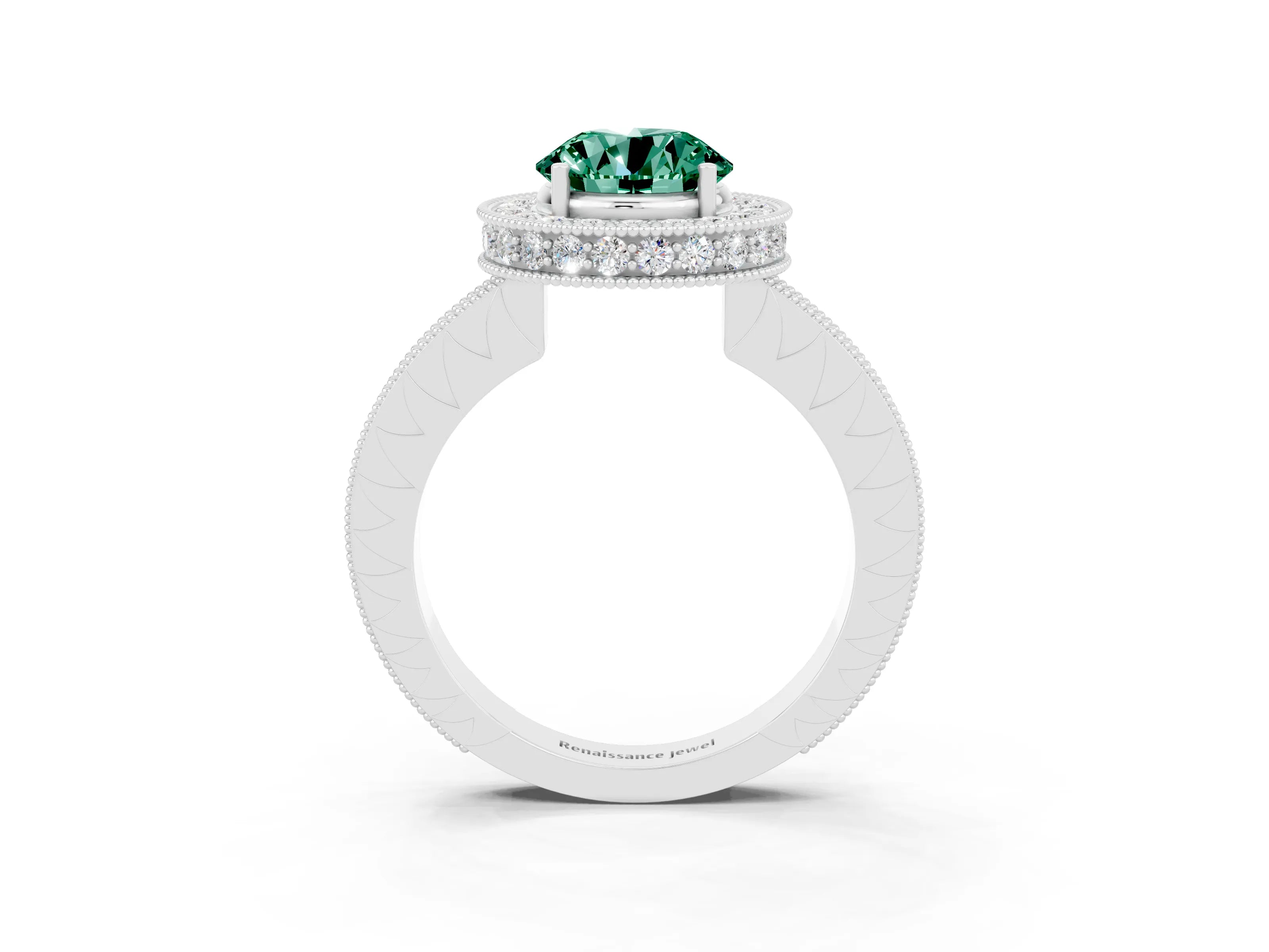 White gold Round Cut Halo Diamond Engagement Ring with Milgrain Pave Band and Four-Prong Setting_3
