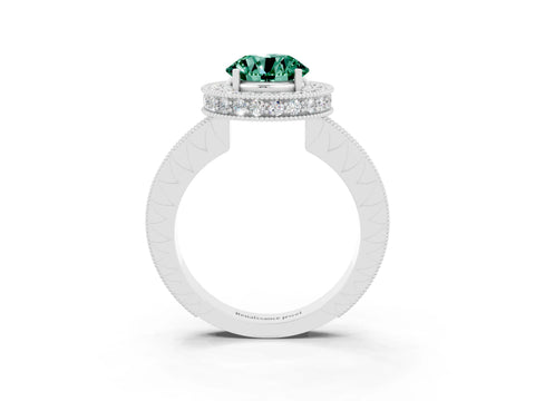 White gold Round Cut Halo Diamond Engagement Ring with Milgrain Pave Band and Four-Prong Setting_3
