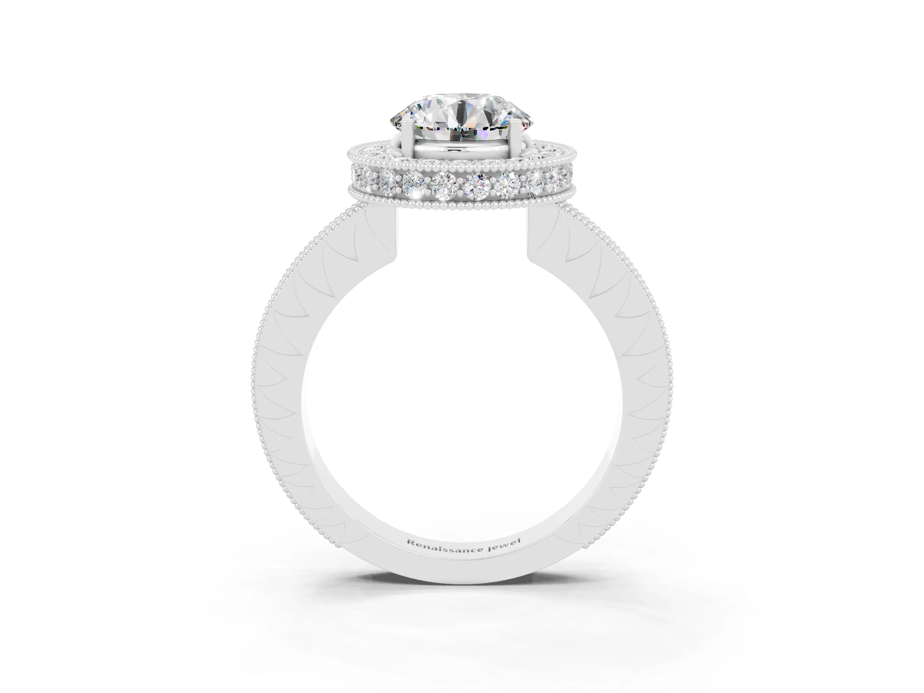 White gold Round Cut Halo Diamond Engagement Ring with Milgrain Pave Band and Four-Prong Setting_3