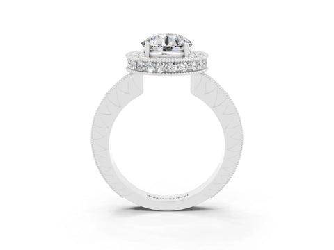 White gold Round Cut Halo Diamond Engagement Ring with Milgrain Pave Band and Four-Prong Setting_3