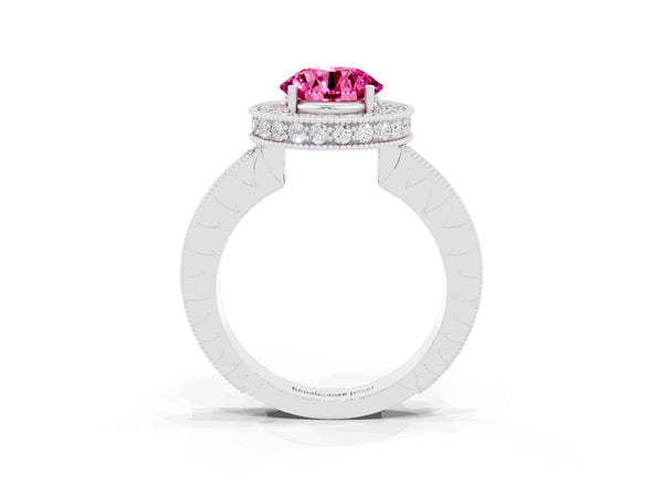 Silver Round Cut Halo Diamond Engagement Ring with Milgrain Pave Band and Four-Prong Setting