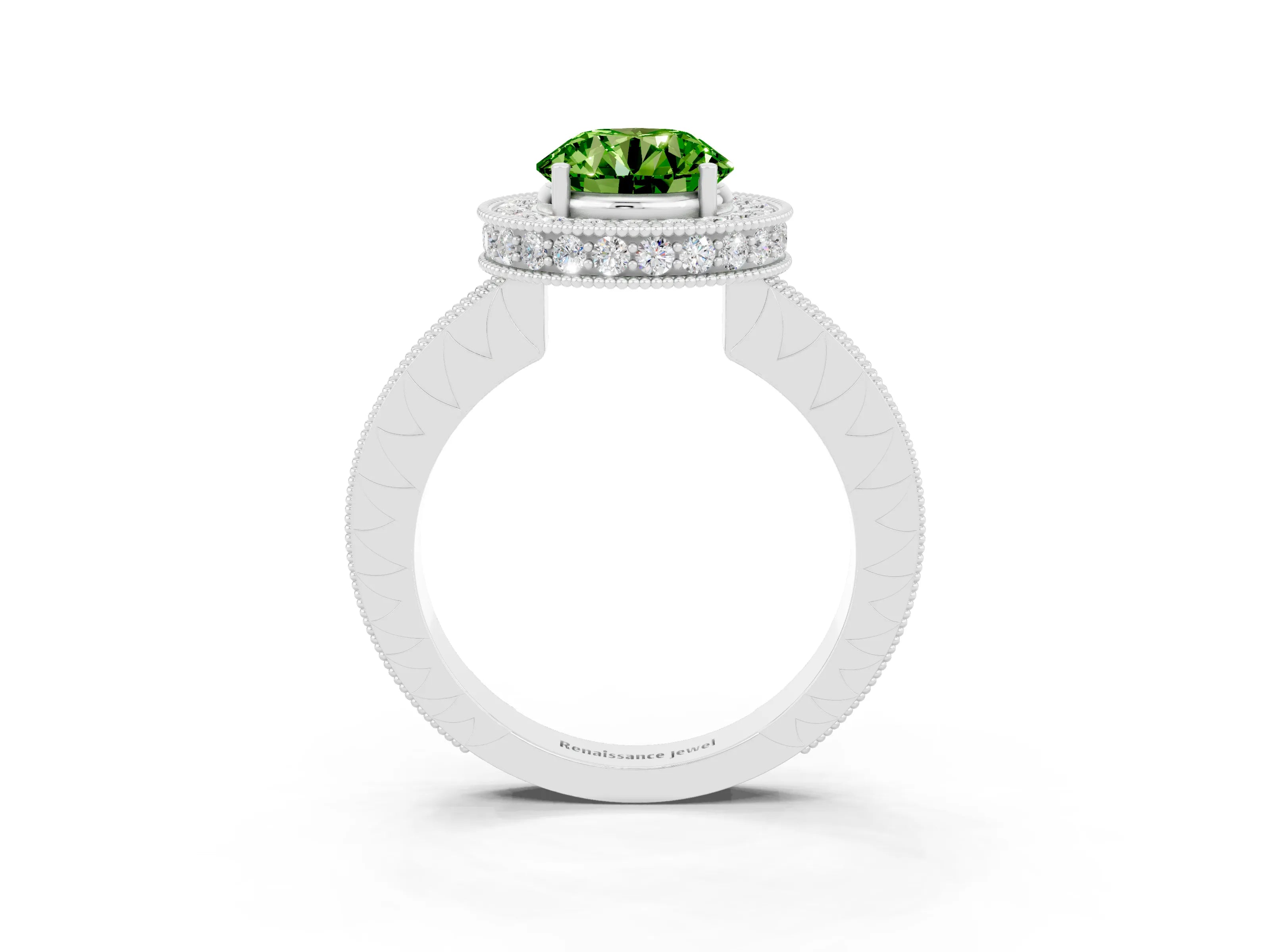 White gold Round Cut Halo Diamond Engagement Ring with Milgrain Pave Band and Four-Prong Setting_3