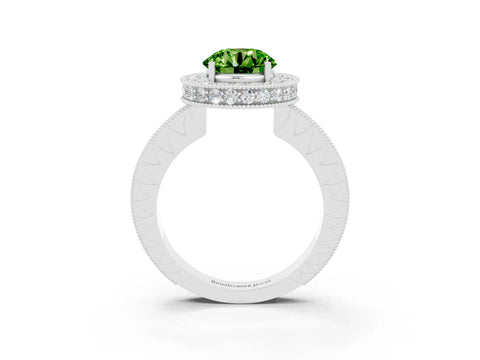 White gold Round Cut Halo Diamond Engagement Ring with Milgrain Pave Band and Four-Prong Setting_3