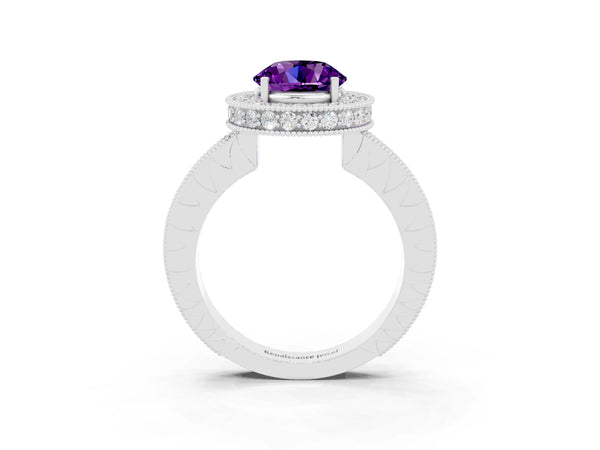 Platinum Round Cut Amethyst Milgrain Halo Engagement Ring with Round Pavé Band and Prong Setting