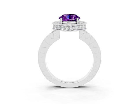 White gold Round Cut Halo Diamond Engagement Ring with Milgrain Pave Band and Four-Prong Setting_3